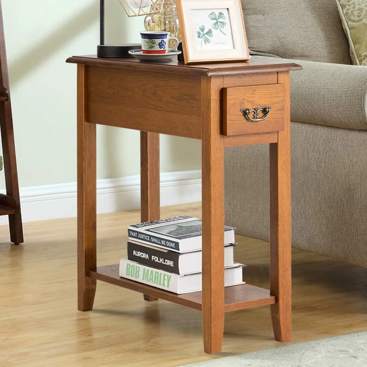Tangkula Narrow End Table, Slim Side Table with Drawer and Open Shelf