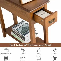 Tangkula Narrow End Table, Slim Side Table with Drawer and Open Shelf