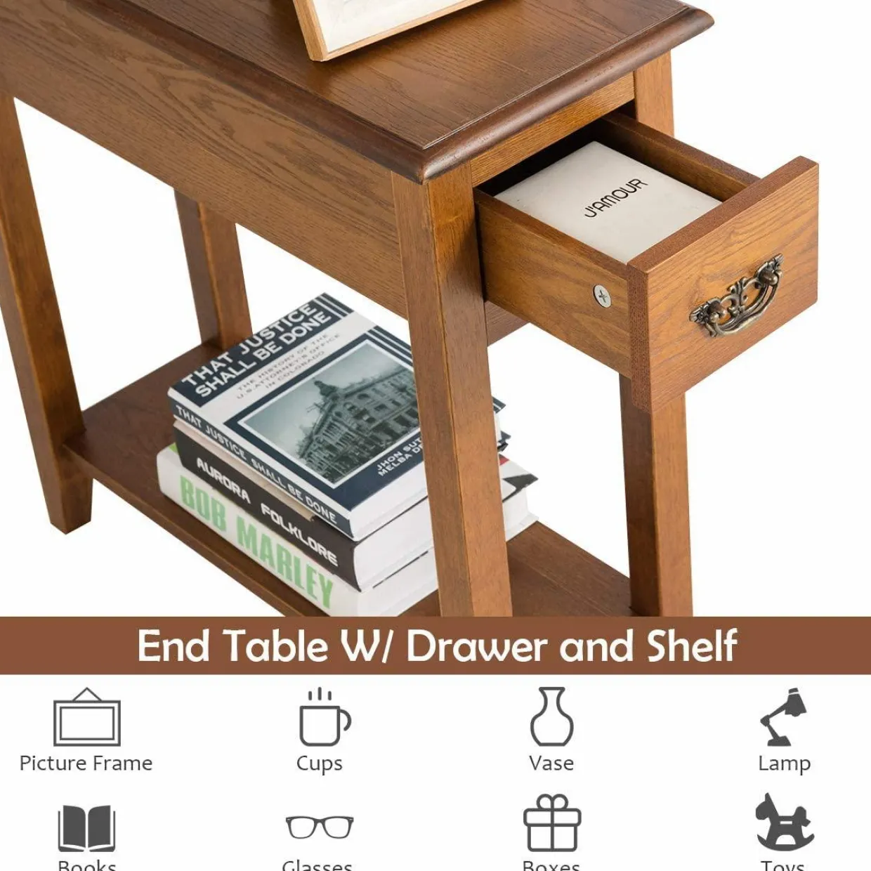 Tangkula Narrow End Table, Slim Side Table with Drawer and Open Shelf