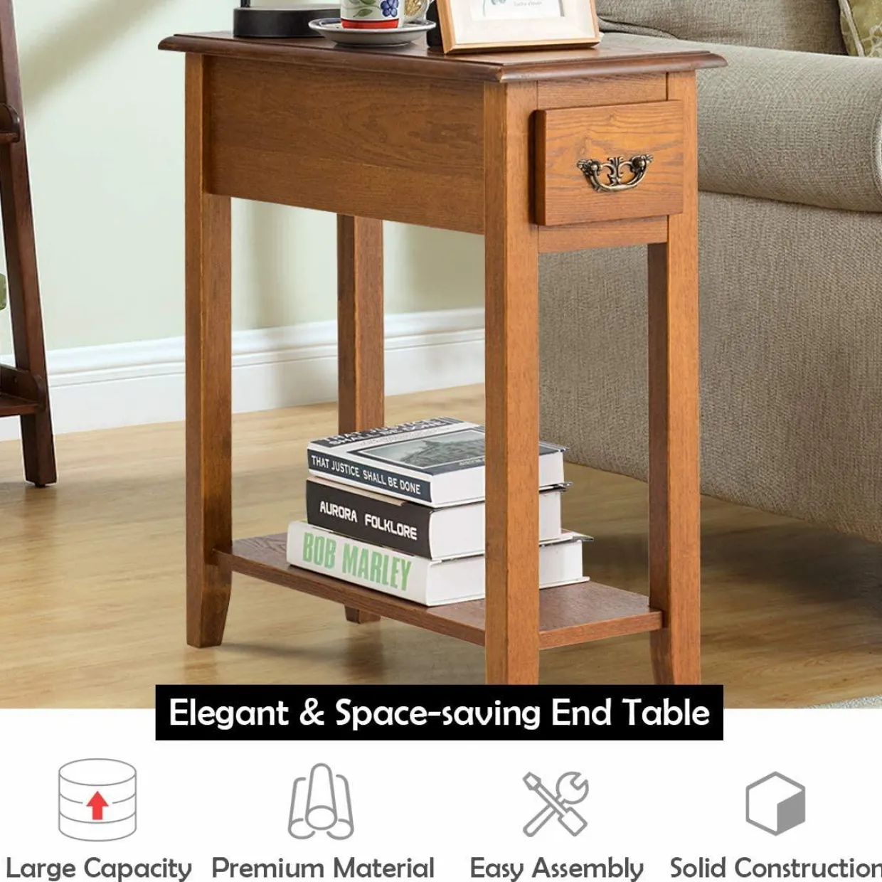 Tangkula Narrow End Table, Slim Side Table with Drawer and Open Shelf