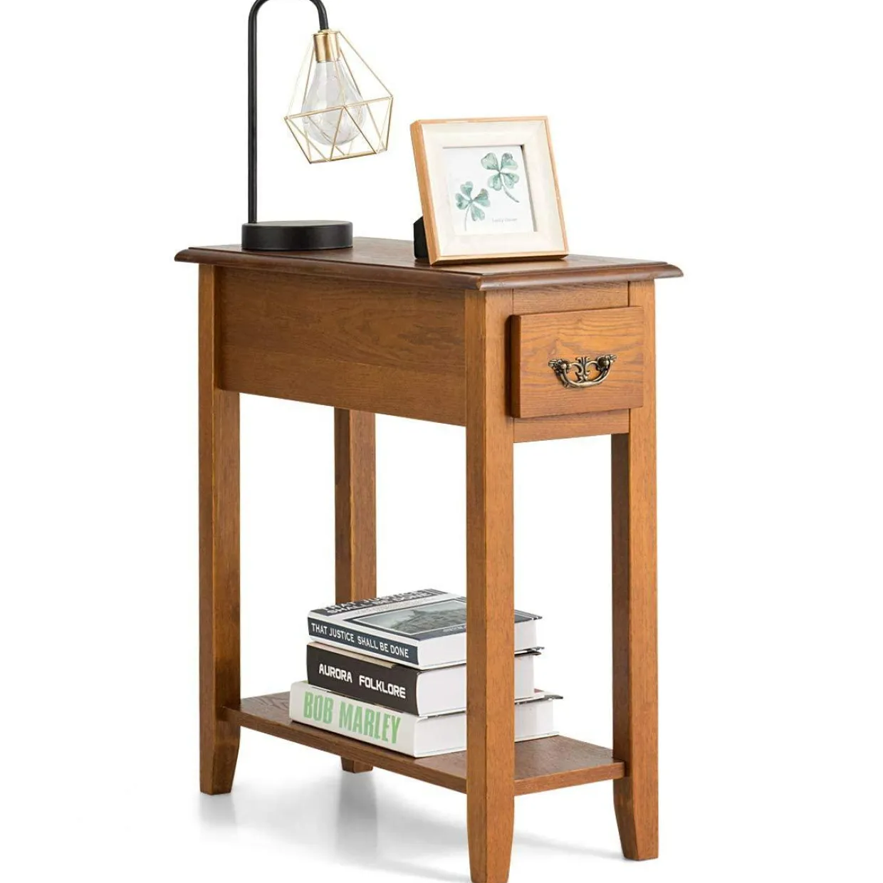 Tangkula Narrow End Table, Slim Side Table with Drawer and Open Shelf