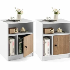 Tangkula Nightstand Set of 2, Wooden Sofa Side End Table with Bamboo Door & Open Compartments