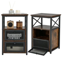 Tangkula Nightstands Set of 2, Industrial Versatile Sofa Side Table with Open Storage Shelf and 2 Flip Drawers