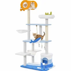 Tangkula Ocean-Themed Cat Tree, 3-Level Cat Tower with Sisal Scratching Posts, Condo, Perch, Hammock