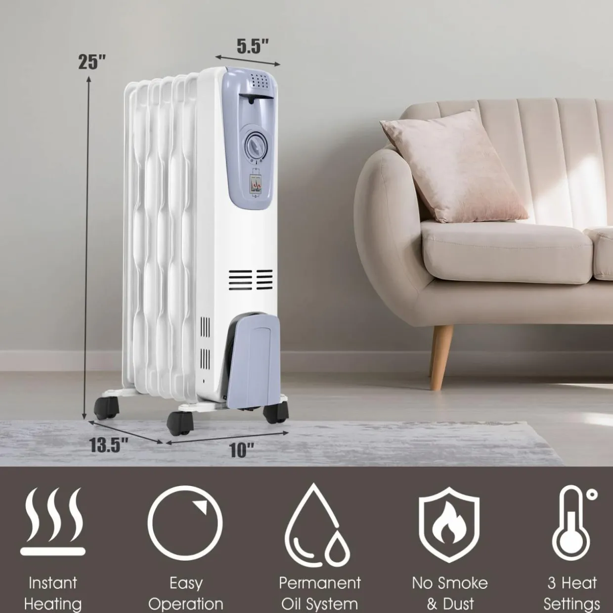 Tangkula Oil Filled Radiator Heater, 1500W Portable Space Heater Radiator with Adjustable Thermostat