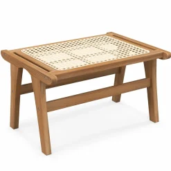 Tangkula Ottoman Footstool, Natural Teak Wooden Foot Rest with Handwoven Rattan