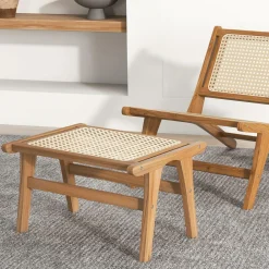 Tangkula Ottoman Footstool, Natural Teak Wooden Foot Rest with Handwoven Rattan
