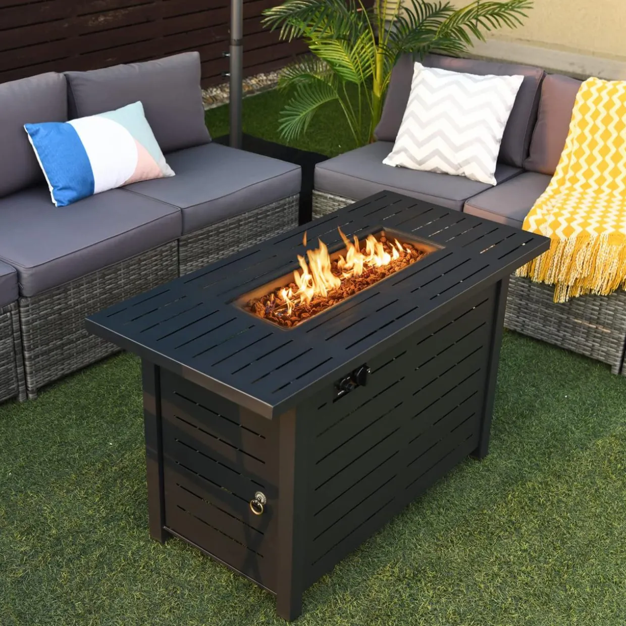 Tangkula Outdoor 60,000 BTU Fire Pit Table, Patiojoy 42 Inch Rectangular Propane Gas Fire Table with Solid Steel Frame, Electric Ignition
