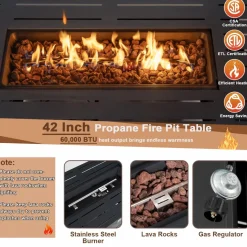 Tangkula Outdoor 60,000 BTU Fire Pit Table, Patiojoy 42 Inch Rectangular Propane Gas Fire Table with Solid Steel Frame, Electric Ignition