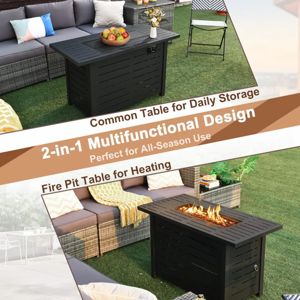Tangkula Outdoor 60,000 BTU Fire Pit Table, Patiojoy 42 Inch Rectangular Propane Gas Fire Table with Solid Steel Frame, Electric Ignition