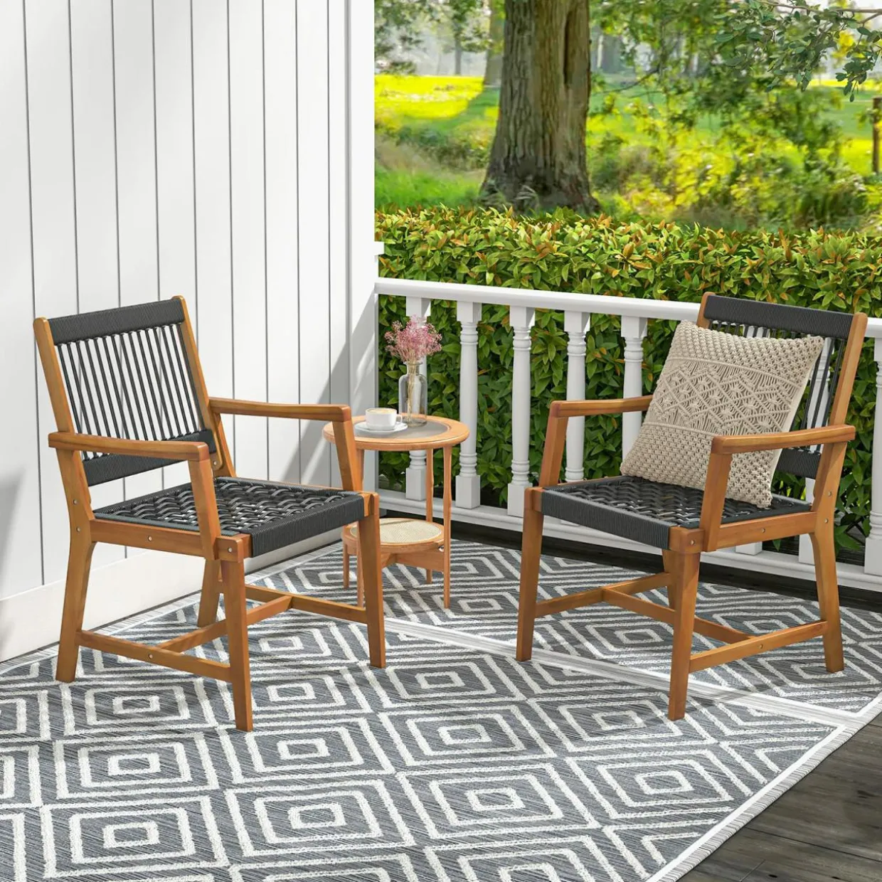 Tangkula Outdoor Acacia Wood Dining Chairs Set of 2, All-Weather Rope Woven Patio Chairs with Armrests