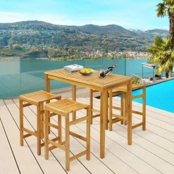 Tangkula Outdoor Acacia Wood Bar Table, 45” Rectangular Bar Height Dining Table with Slatted Tabletop