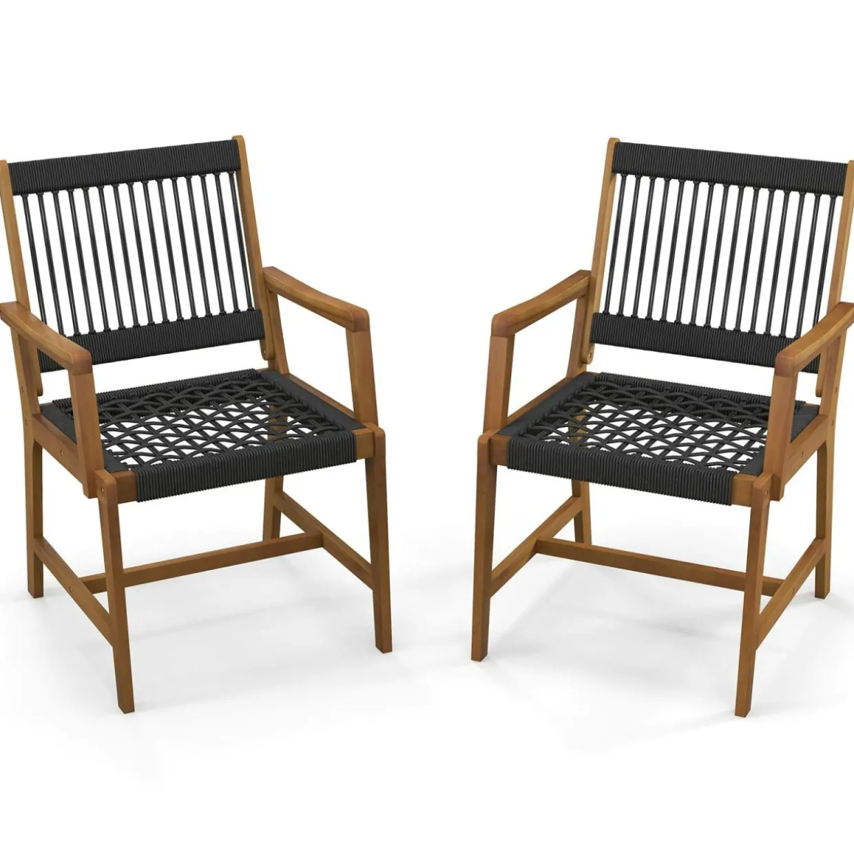 Tangkula Outdoor Acacia Wood Dining Chairs Set of 2, All-Weather Rope Woven Patio Chairs with Armrests