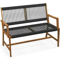Tangkula Outdoor Acacia Wood Bench, All-Weather Rope Woven Garden Bench with Backrest and Armrests