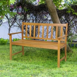 Tangkula Outdoor Acacia Wood Bench, 2-Person Garden Bench with Backrest and Armrests