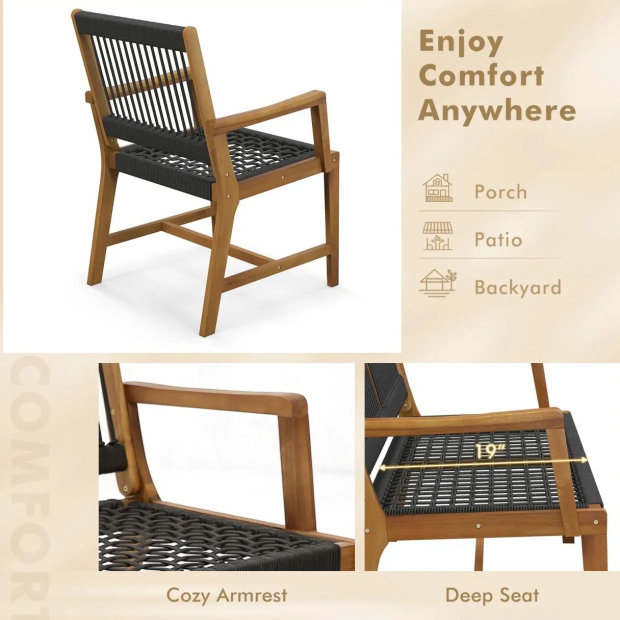 Tangkula Outdoor Acacia Wood Dining Chairs Set of 2, All-Weather Rope Woven Patio Chairs with Armrests