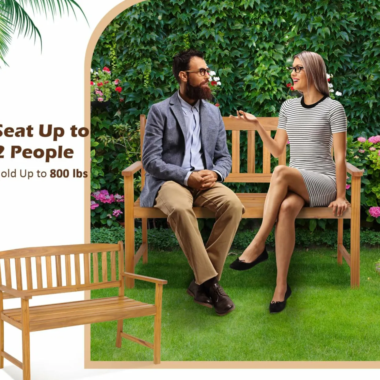 Tangkula Outdoor Acacia Wood Bench, 2-Person Garden Bench with Backrest and Armrests