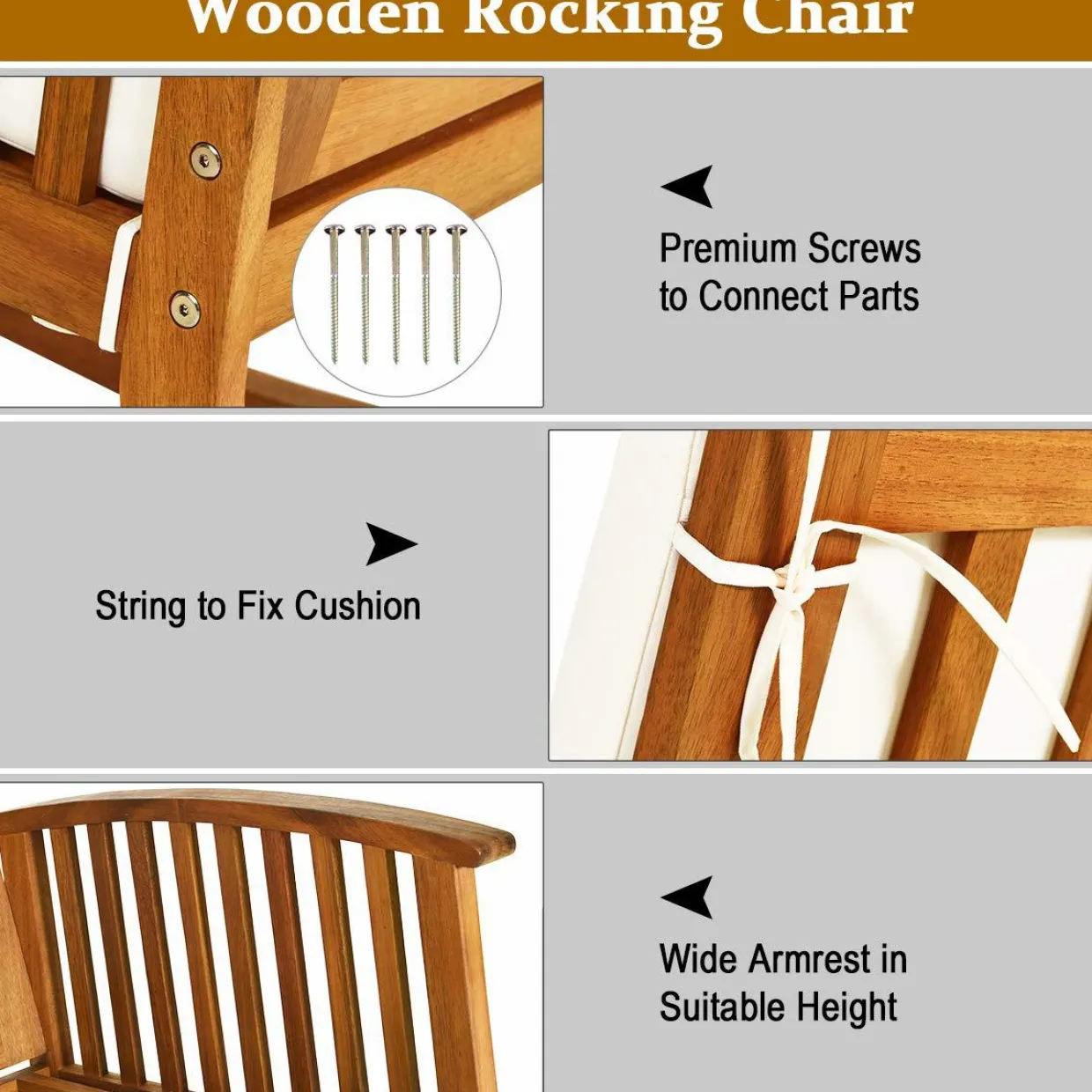 Tangkula Outdoor Acacia Wood Rocking Chair, Wooden Rocker w/Detachable Washable Cushions