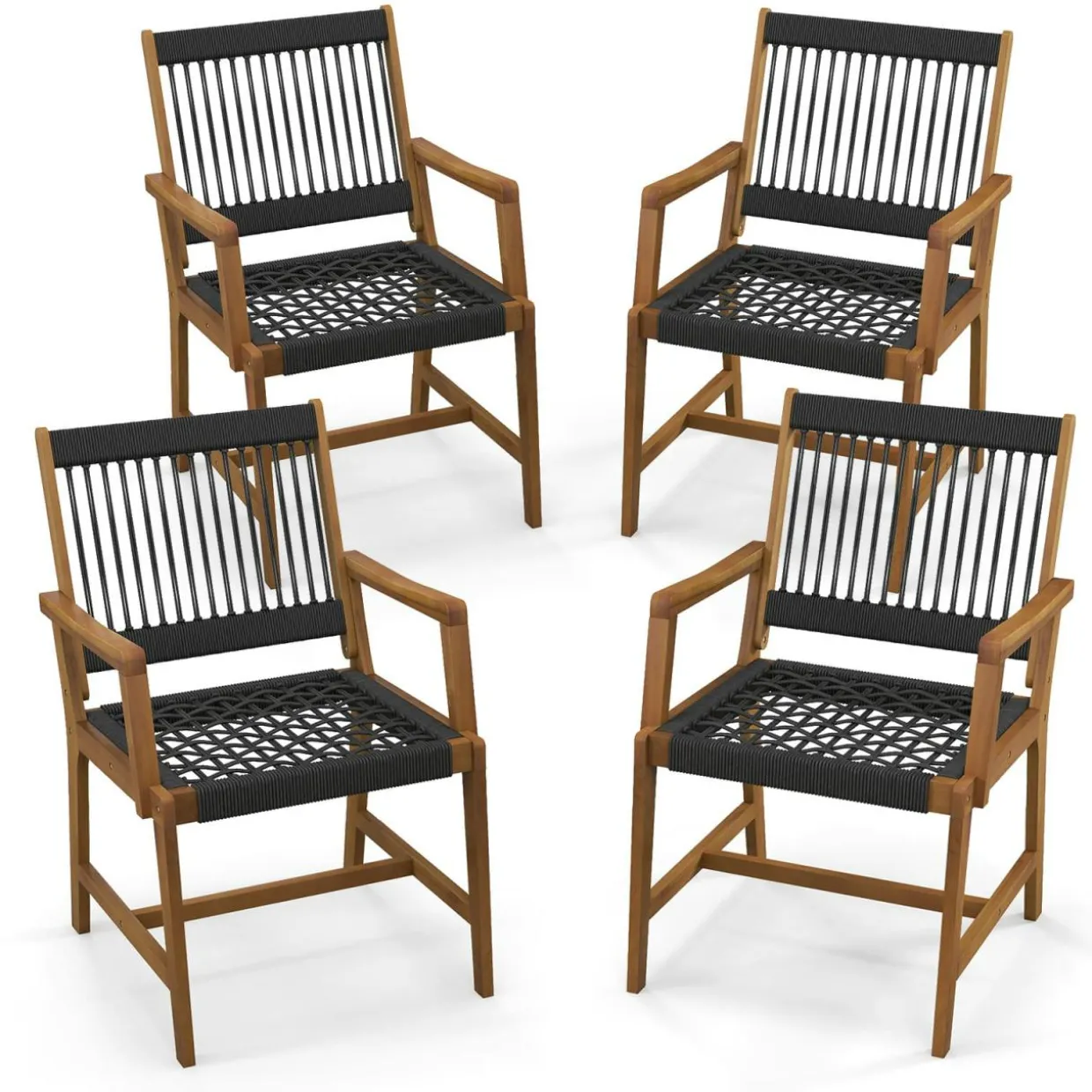 Tangkula Outdoor Acacia Wood Dining Chairs Set of 2, All-Weather Rope Woven Patio Chairs with Armrests