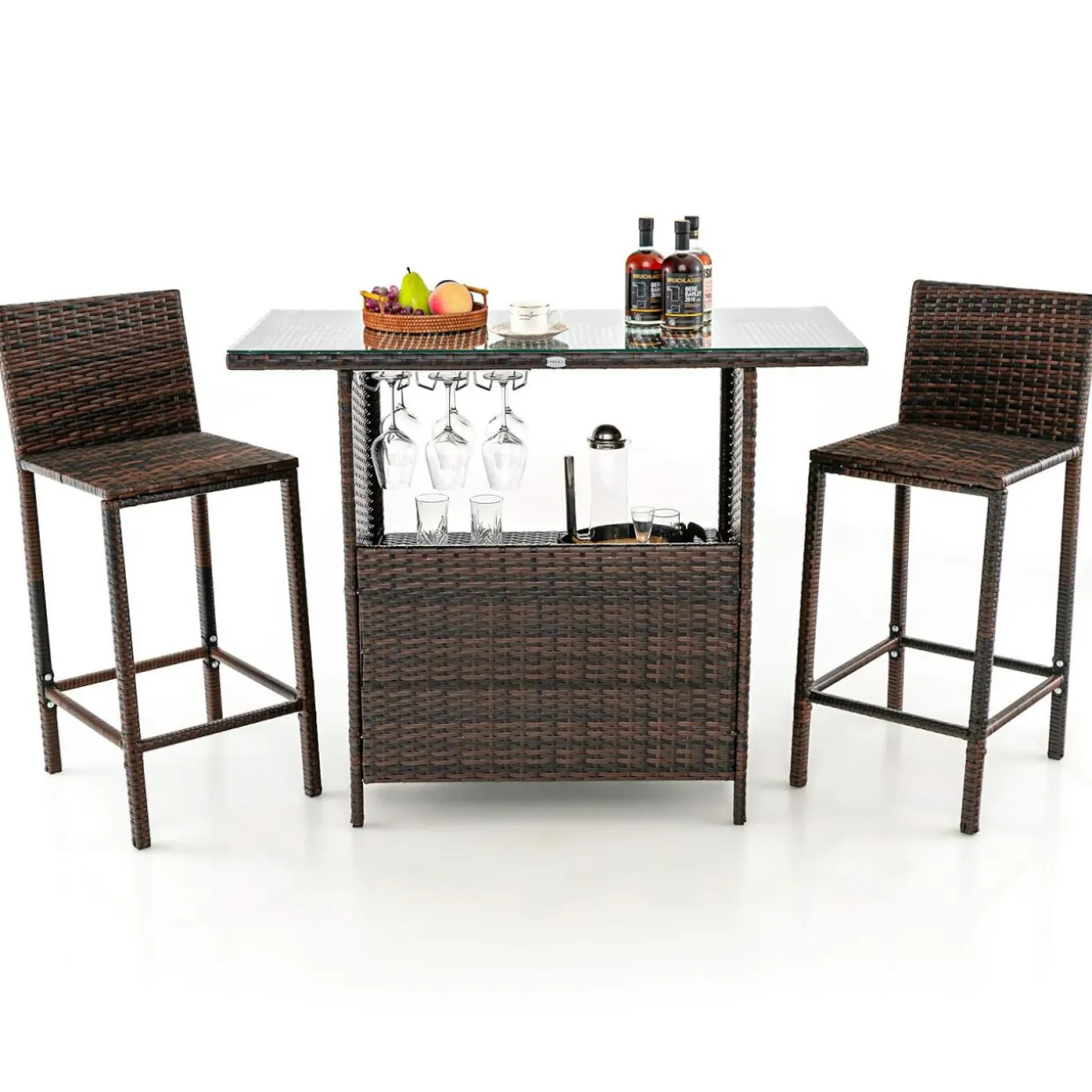 Tangkula Outdoor Bar Set, 3 Pieces Patio Wicker Bar Height Table and Chair Set with 3 Rows Stemware Racks