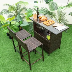 Tangkula Outdoor Bar Set, 3 Pieces Patio Wicker Bar Height Table and Chair Set with 3 Rows Stemware Racks