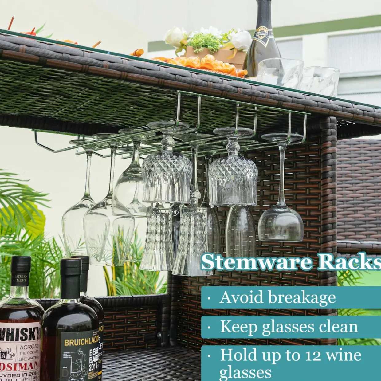 Tangkula Outdoor Bar Set, 3 Pieces Patio Wicker Bar Height Table and Chair Set with 3 Rows Stemware Racks