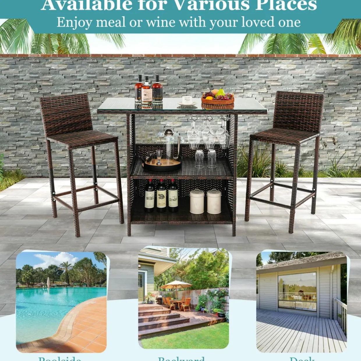 Tangkula Outdoor Bar Set, 3 Pieces Patio Wicker Bar Height Table and Chair Set with 3 Rows Stemware Racks