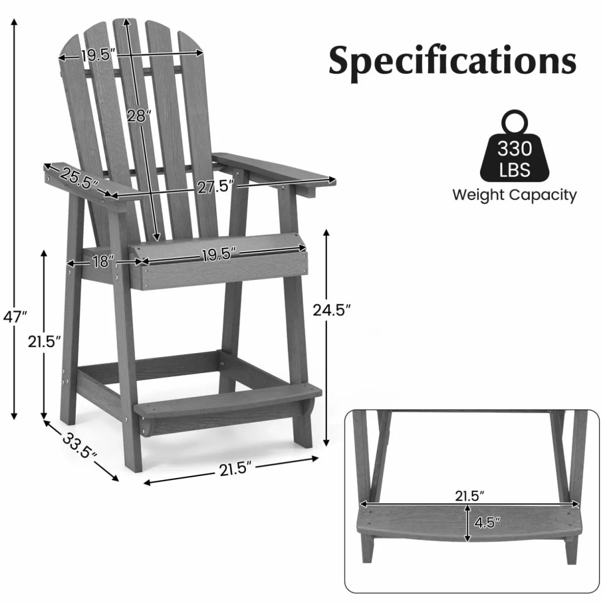 Tangkula Outdoor Bar Stool, HDPE Tall Adirondack Chair with Armrest & Footrest
