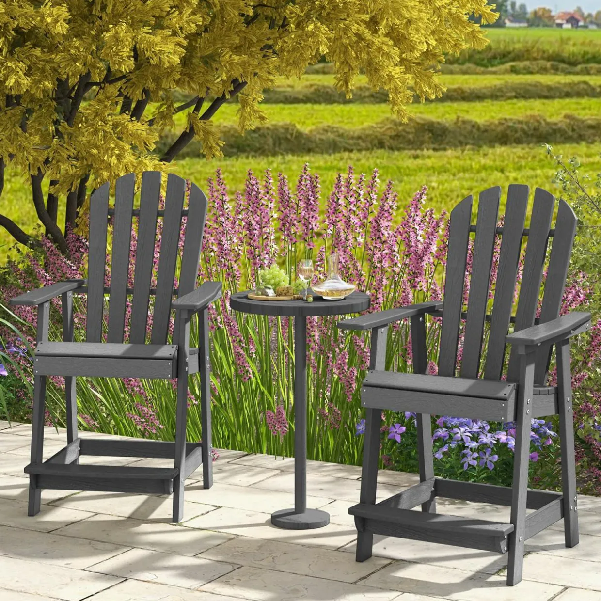 Tangkula Outdoor Bar Stool, HDPE Tall Adirondack Chair with Armrest & Footrest