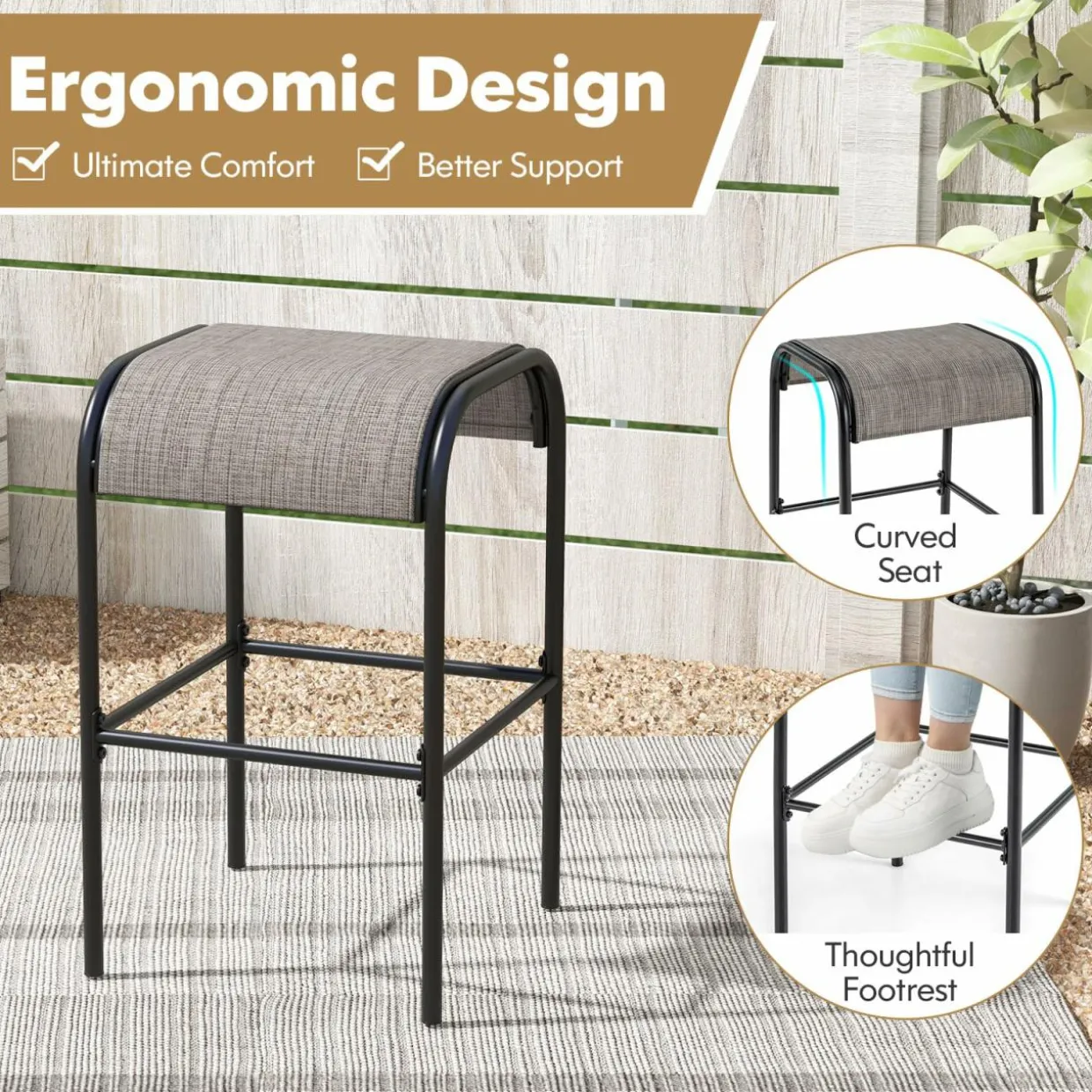 Tangkula Outdoor Bar Stools Set of 2/4, 30" Bar Height Bistro Stools with Breathable Fabric Seat & Heavy-Duty Metal Frame