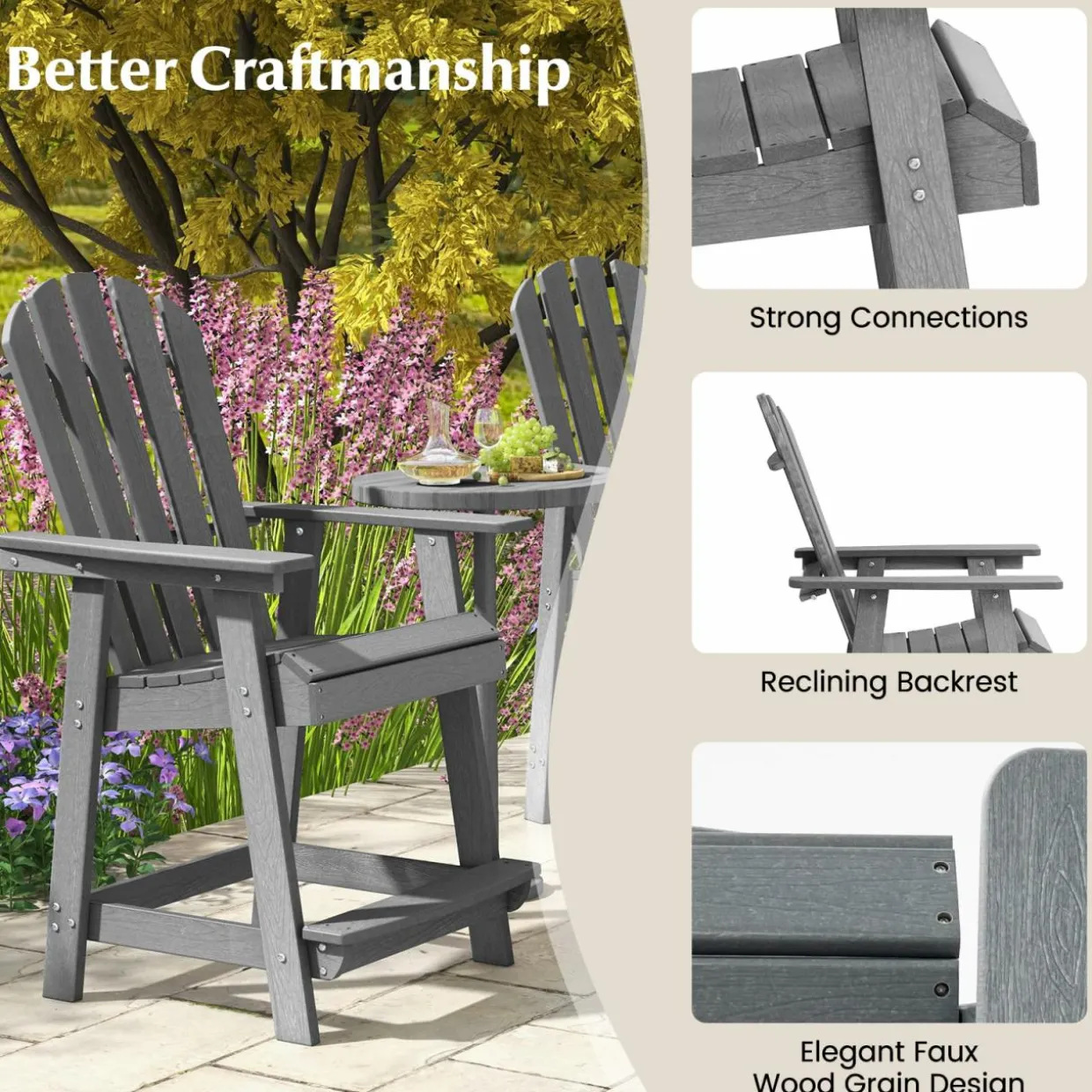 Tangkula Outdoor Bar Stool, HDPE Tall Adirondack Chair with Armrest & Footrest