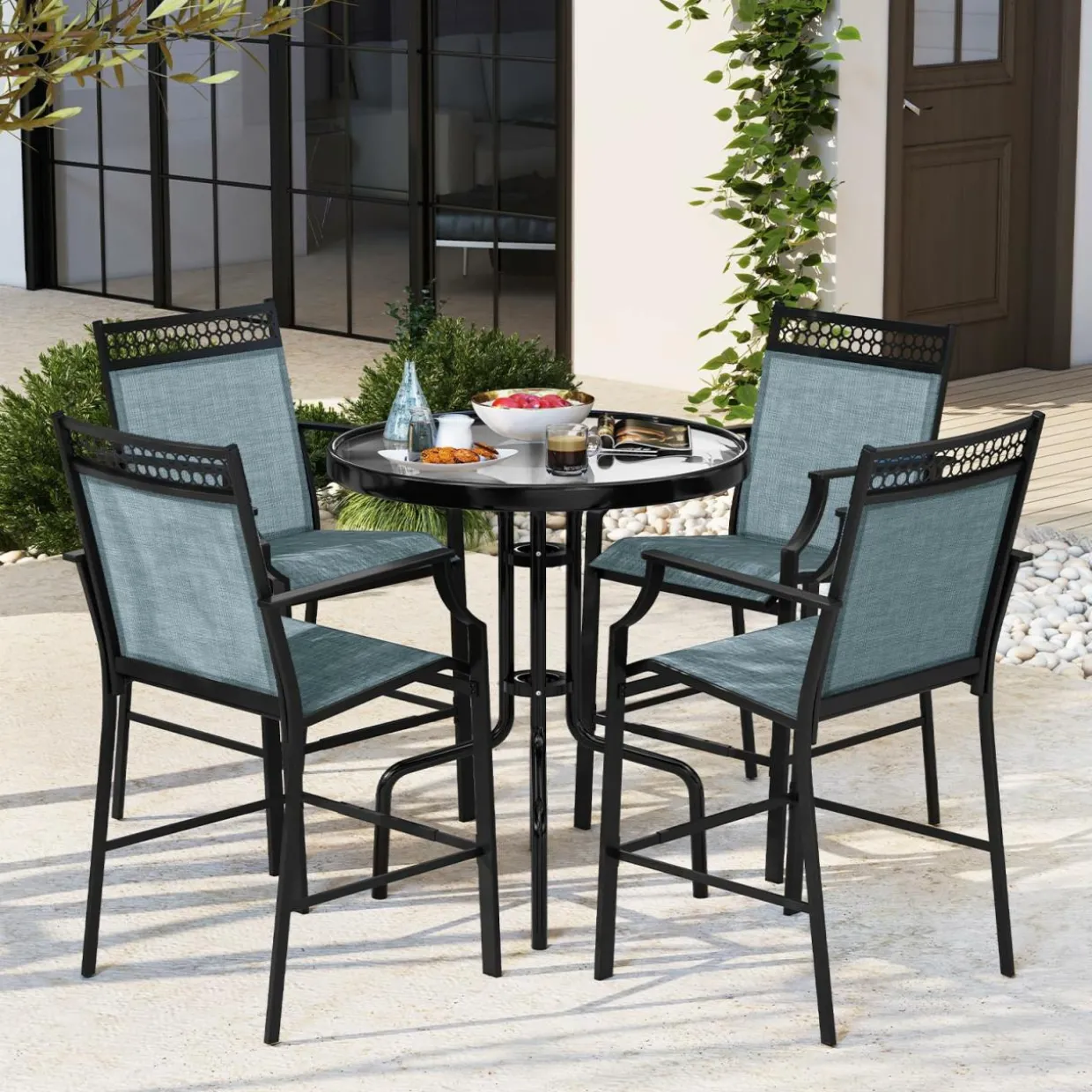 Tangkula Outdoor Bar Stools Set of 2/4, Heavy-Duty Patio Stools & Bar Chairs with Footrest & Armrests