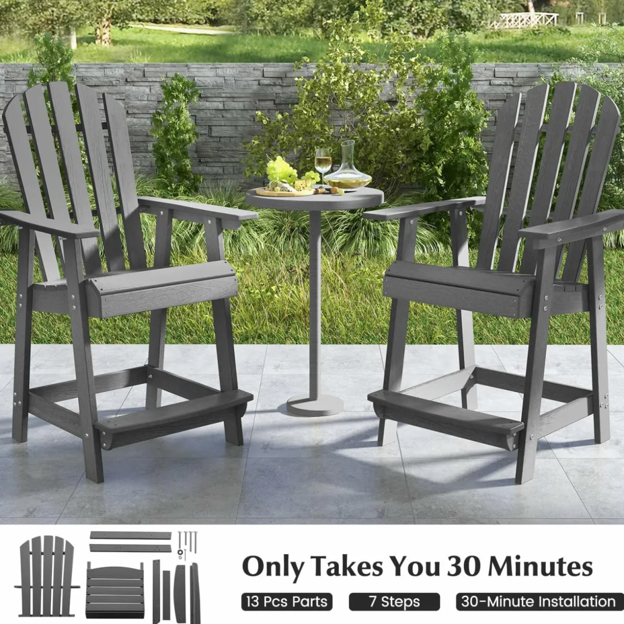Tangkula Outdoor Bar Stool, HDPE Tall Adirondack Chair with Armrest & Footrest
