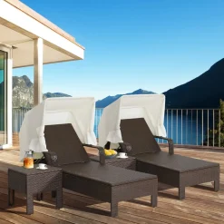 Tangkula Outdoor Chaise Lounge Chair and Table Set with Folding Canopy and Armrests