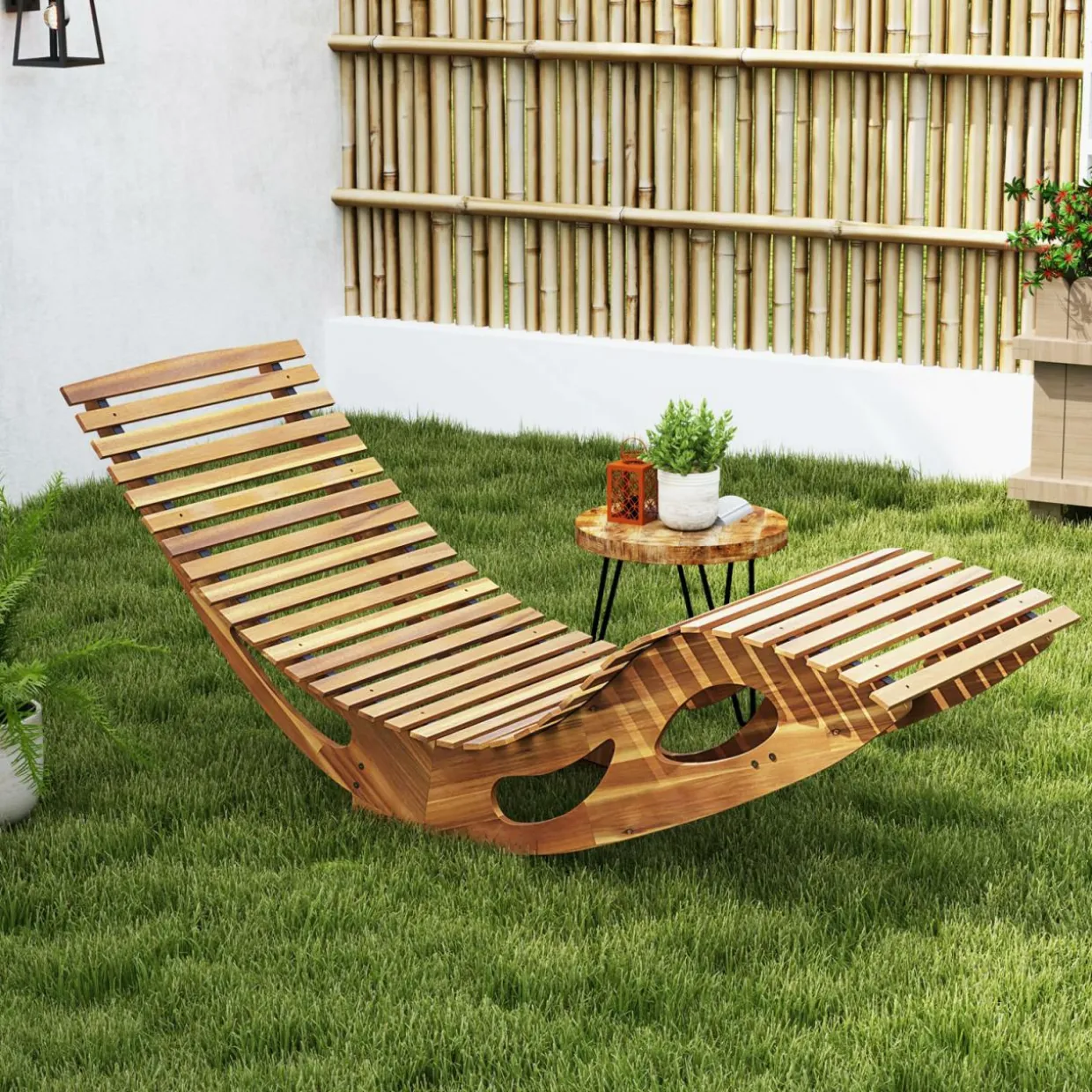 Tangkula Outdoor Chaise Lounge Chair, Acacia Wood Rocking Sun Lounger with Slatted Backrest and Seat
