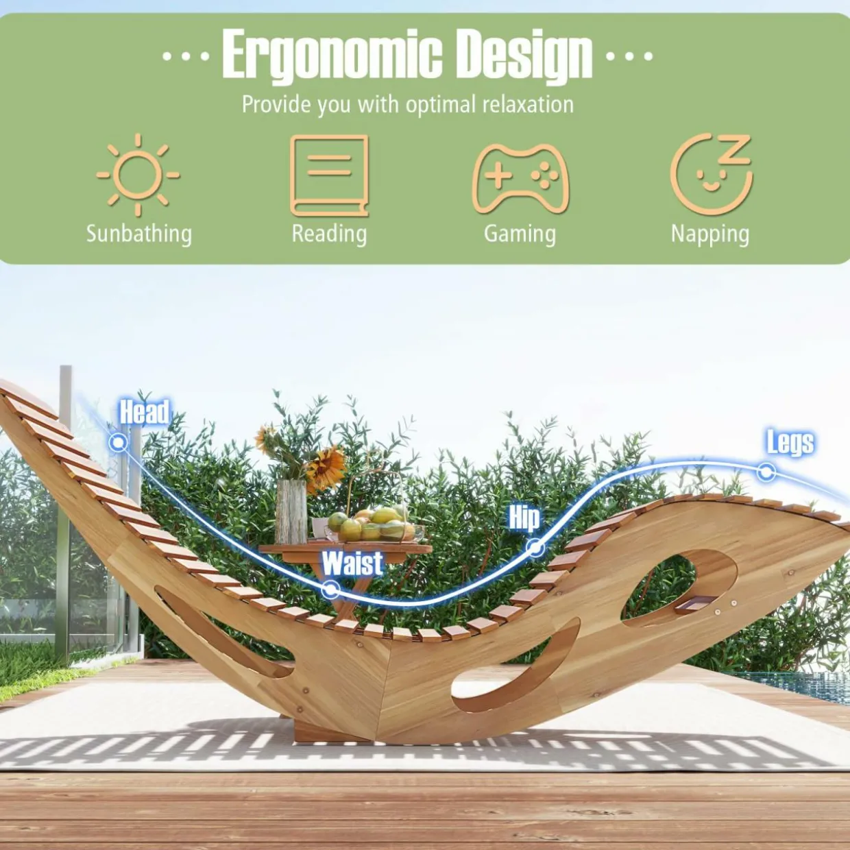 Tangkula Outdoor Chaise Lounge Chair, Acacia Wood Rocking Sun Lounger with Slatted Backrest and Seat