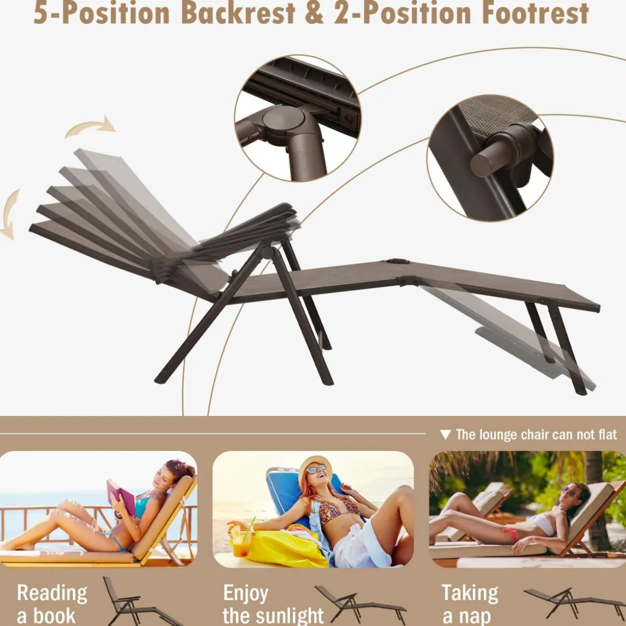Tangkula Outdoor Chaise Lounge, Folding Recliner Lounge Chair with 5-Position Adjustable Backrest & 2-Position Footrest