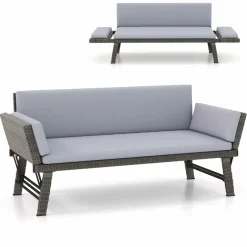 Tangkula Outdoor Convertible Sofa Daybed with Adjustable Armrests, PE Rattan Patio Couch Furniture with Thick Cushions