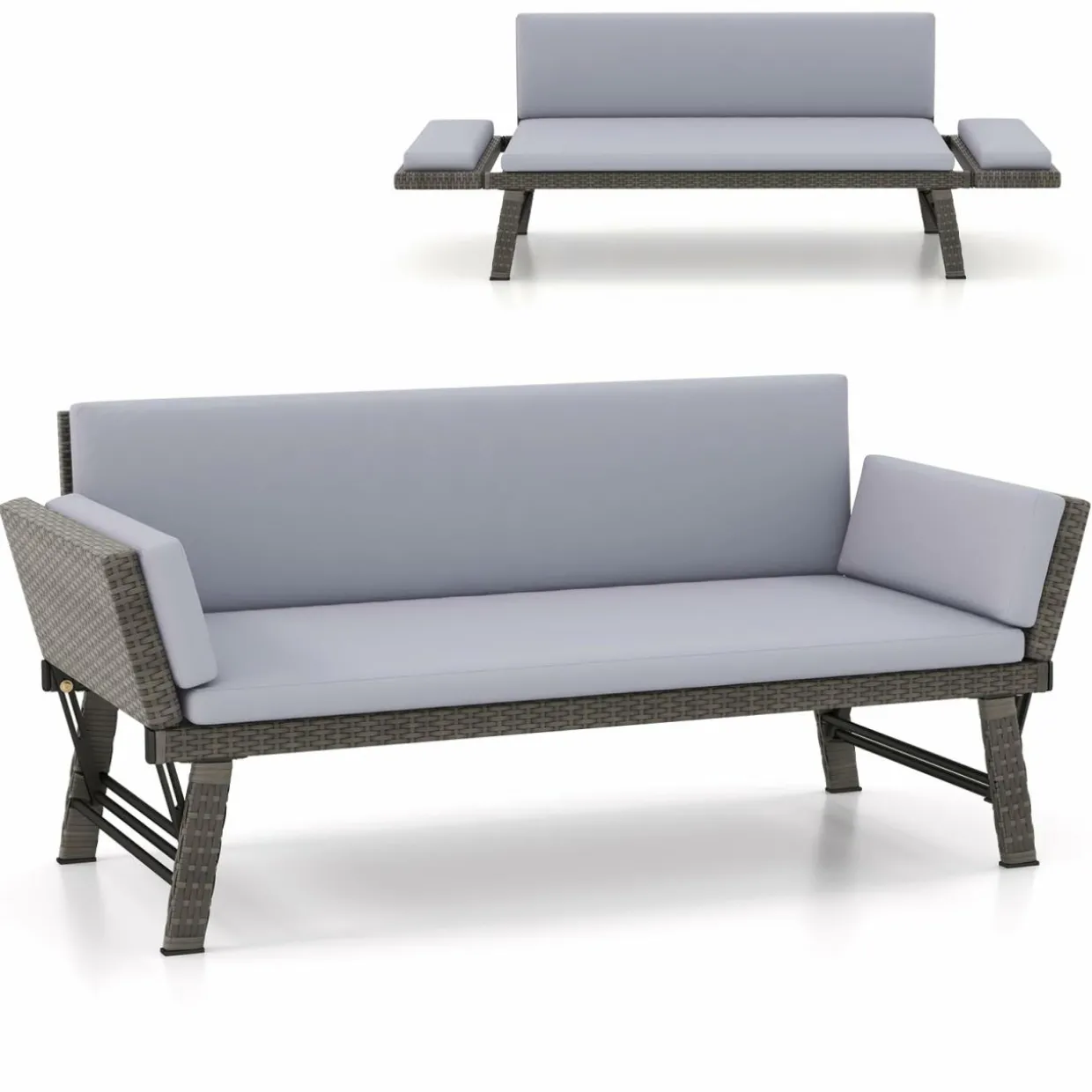 Tangkula Outdoor Convertible Sofa Daybed with Adjustable Armrests, PE Rattan Patio Couch Furniture with Thick Cushions