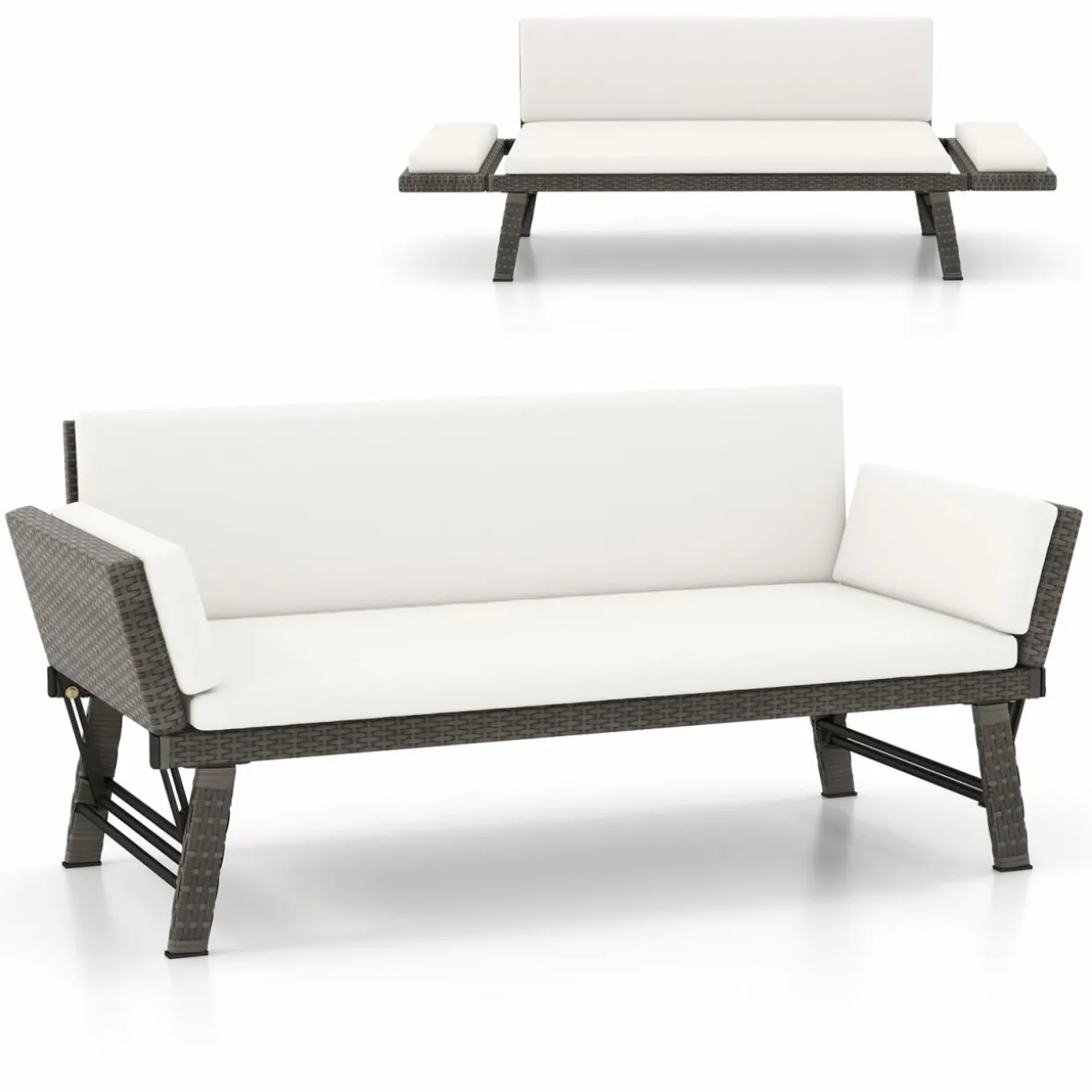 Tangkula Outdoor Convertible Sofa Daybed with Adjustable Armrests, PE Rattan Patio Couch Furniture with Thick Cushions