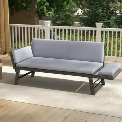 Tangkula Outdoor Convertible Sofa Daybed with Adjustable Armrests, PE Rattan Patio Couch Furniture with Thick Cushions