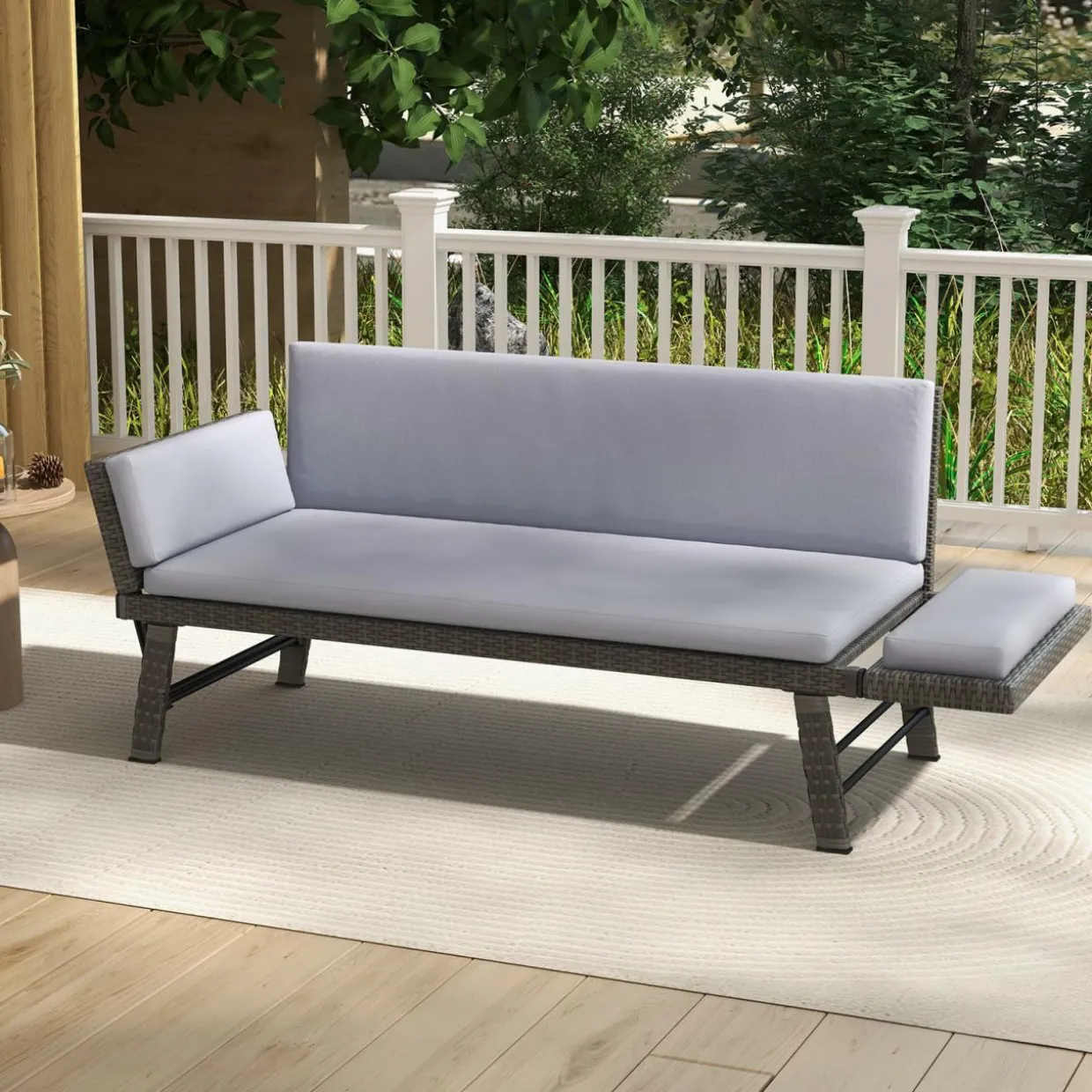 Tangkula Outdoor Convertible Sofa Daybed with Adjustable Armrests, PE Rattan Patio Couch Furniture with Thick Cushions