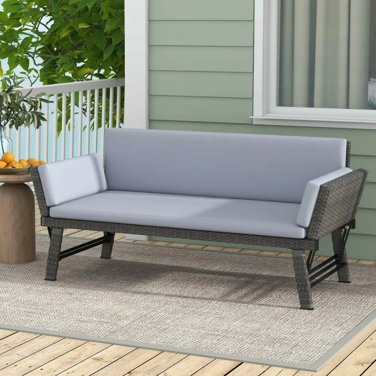 Tangkula Outdoor Convertible Sofa Daybed with Adjustable Armrests, PE Rattan Patio Couch Furniture with Thick Cushions