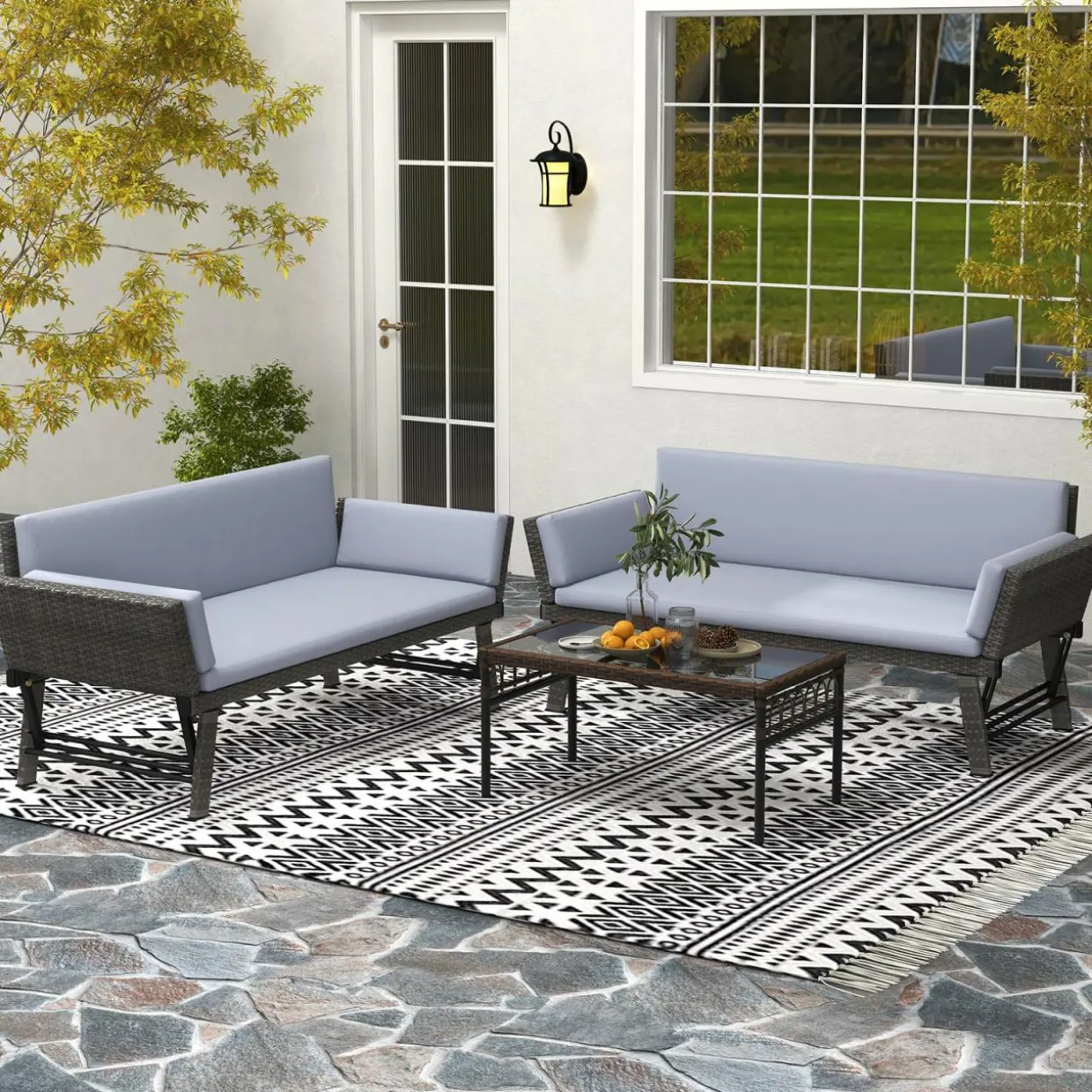 Tangkula Outdoor Convertible Sofa Daybed with Adjustable Armrests, PE Rattan Patio Couch Furniture with Thick Cushions
