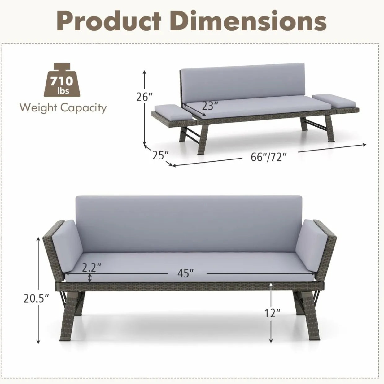 Tangkula Outdoor Convertible Sofa Daybed with Adjustable Armrests, PE Rattan Patio Couch Furniture with Thick Cushions