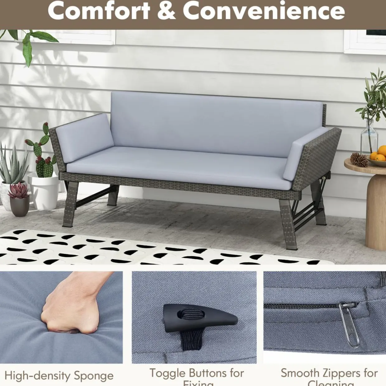 Tangkula Outdoor Convertible Sofa Daybed with Adjustable Armrests, PE Rattan Patio Couch Furniture with Thick Cushions