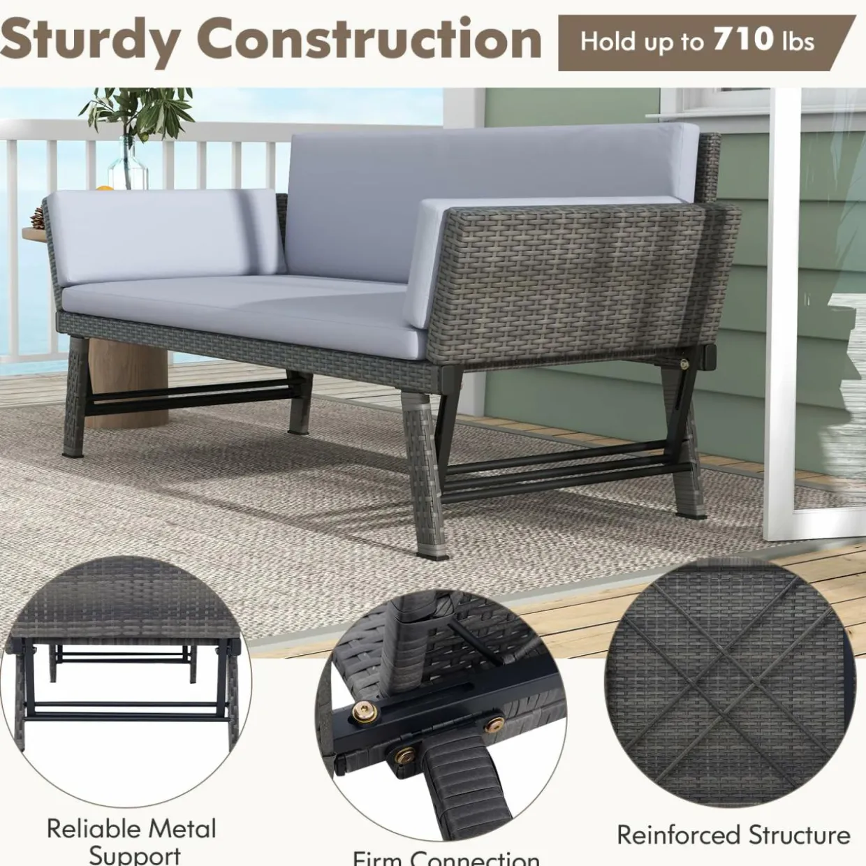 Tangkula Outdoor Convertible Sofa Daybed with Adjustable Armrests, PE Rattan Patio Couch Furniture with Thick Cushions