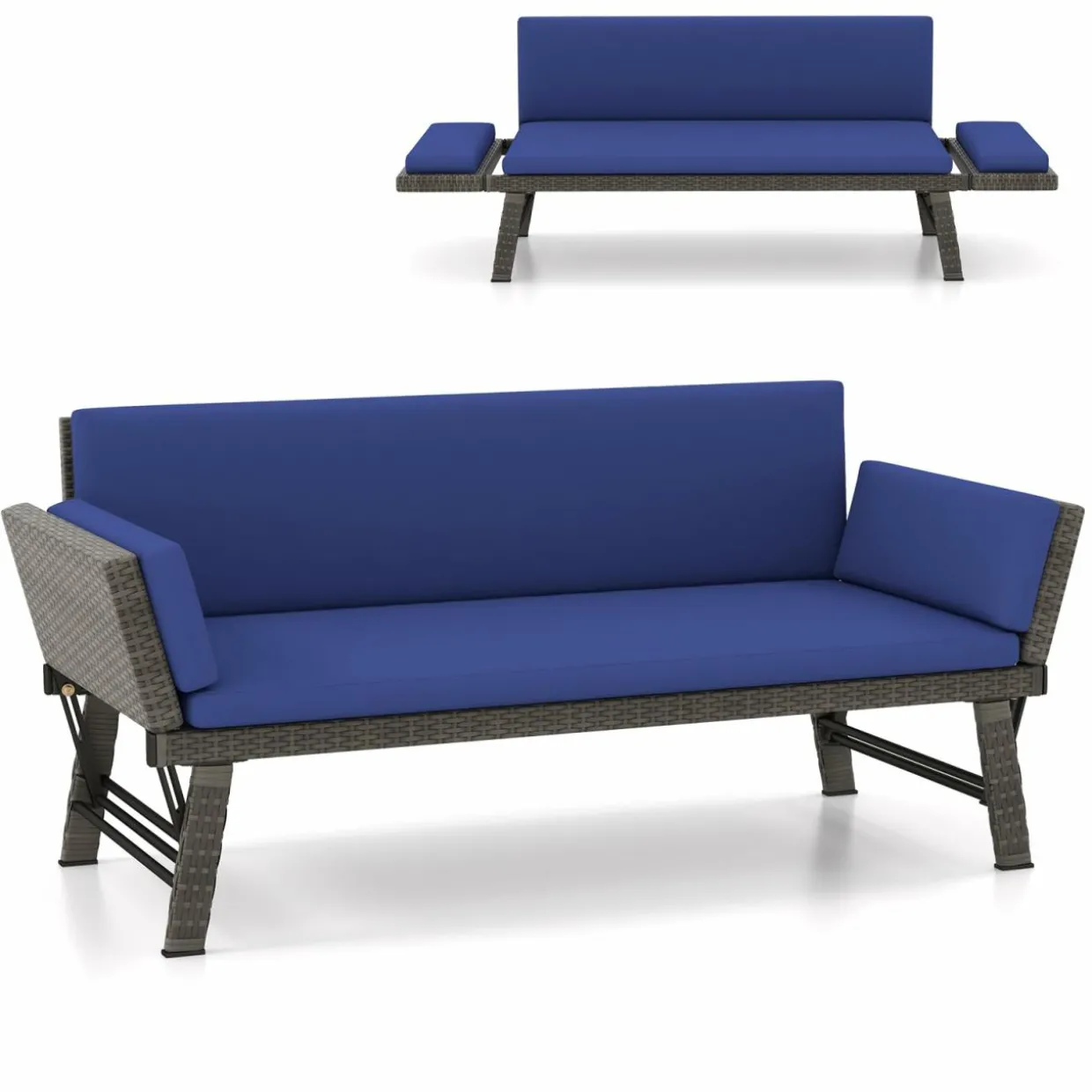 Tangkula Outdoor Convertible Sofa Daybed with Adjustable Armrests, PE Rattan Patio Couch Furniture with Thick Cushions