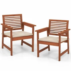 Tangkula Outdoor Dining Chairs Set, Weather-Resistant Heavy Duty Slatted Wood Patio Chairs with Soft Padded Cushions