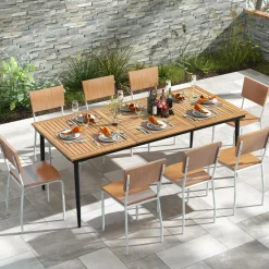 Tangkula Outdoor Dining Table for 8, 79 Inch Acacia Wood Patio Table with 1.9” Umbrella Hole